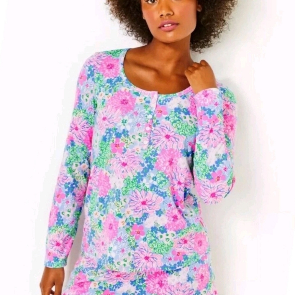 ⭐BNWT Lilly Pulitzer Multi Lil Soiree All Day Knit PJ LS Henley Top XXL Vibrant!